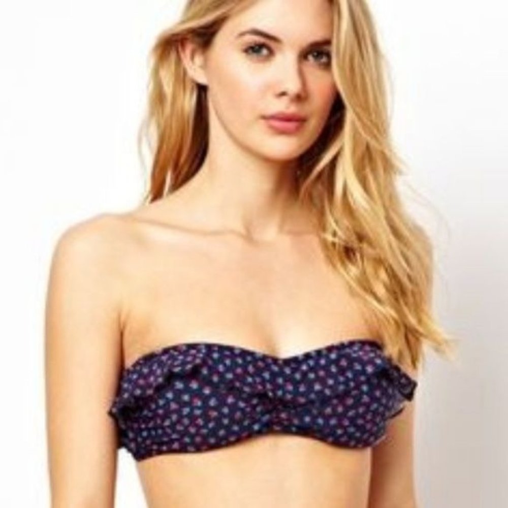 French Connection Blue Ditsy Leaf Frill Halter Top